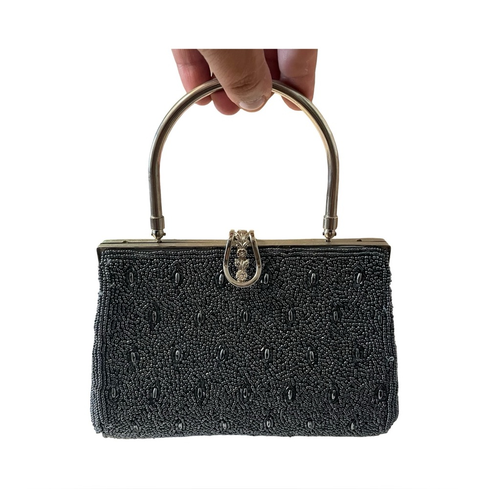 Vintage Elegant Black Beaded Evening Purse with Floral Metal Closure